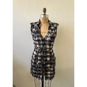 Guess Jeans Black White Plaid Floral Damask Sleeveless Shirt Dress Belted M